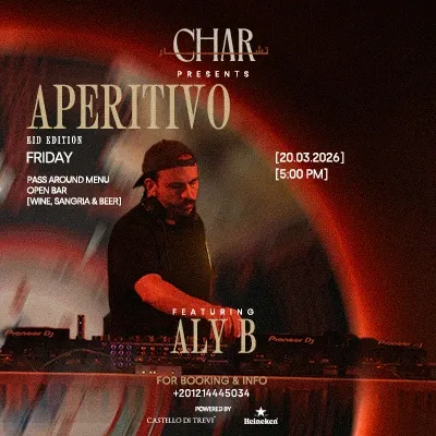 Event poster for 'Aperitivo' Eid edition at Char featuring DJ Aly B performing against a glowing red circular backdrop.