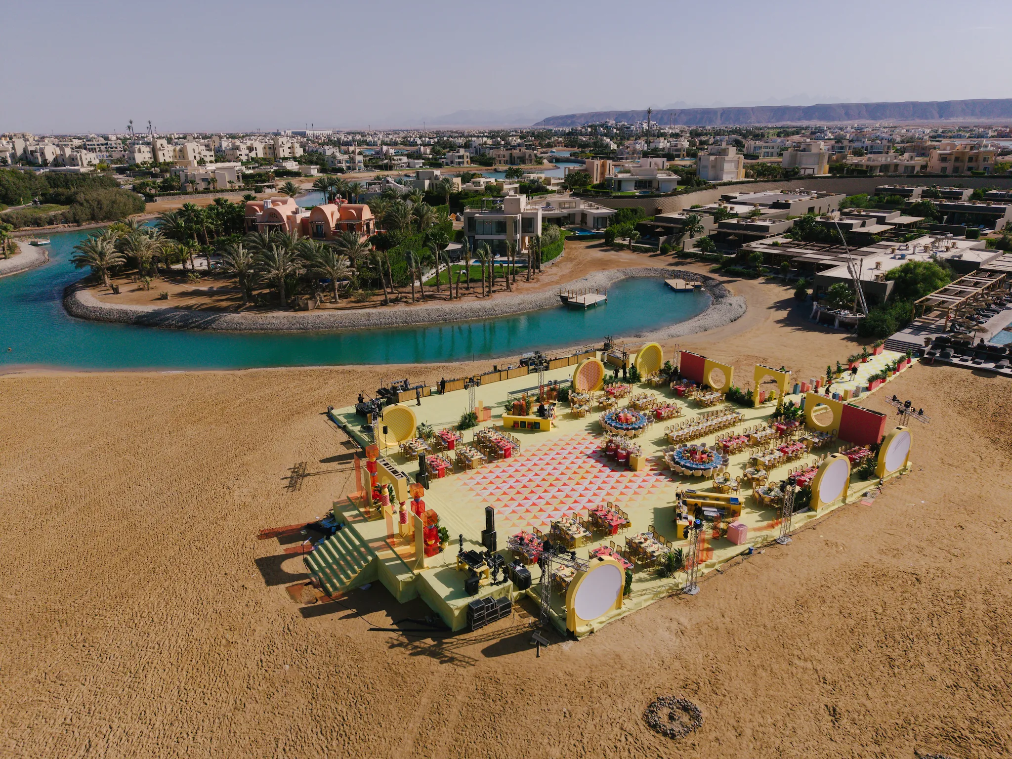 Aerial view of a colorful El Gouna lagoon wedding venue