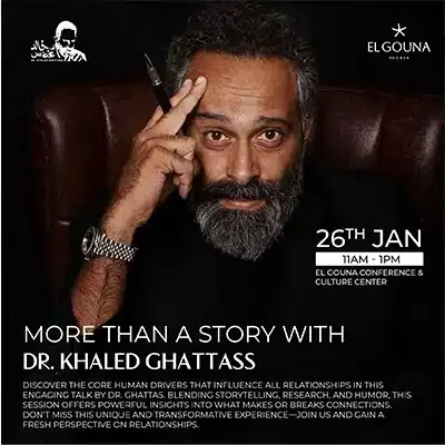 Poster for a talk by Dr. Khaled Ghattas showing him seated in a leather chair with hand raised to his temple