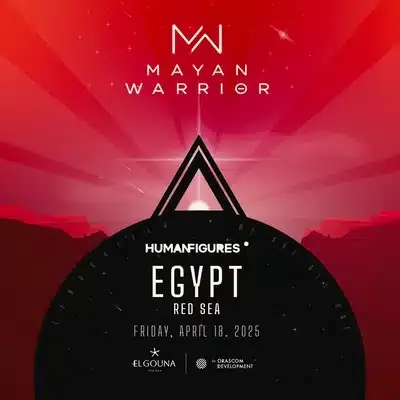 Plakat fur eine Mayan-Warrior- und Humanfigures-Veranstaltung mit einem dreieckigen Emblem, das Licht uber einer Wustensilhouette auf rotem Hintergrund ausstrahlt