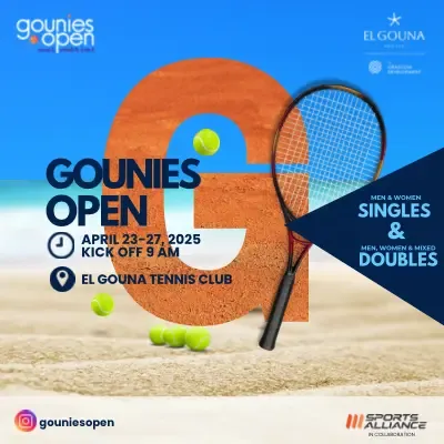 Poster for the Gounies Open tennis tournament, showing a tennis racket and balls on a sandy court background with an orange tournament logo