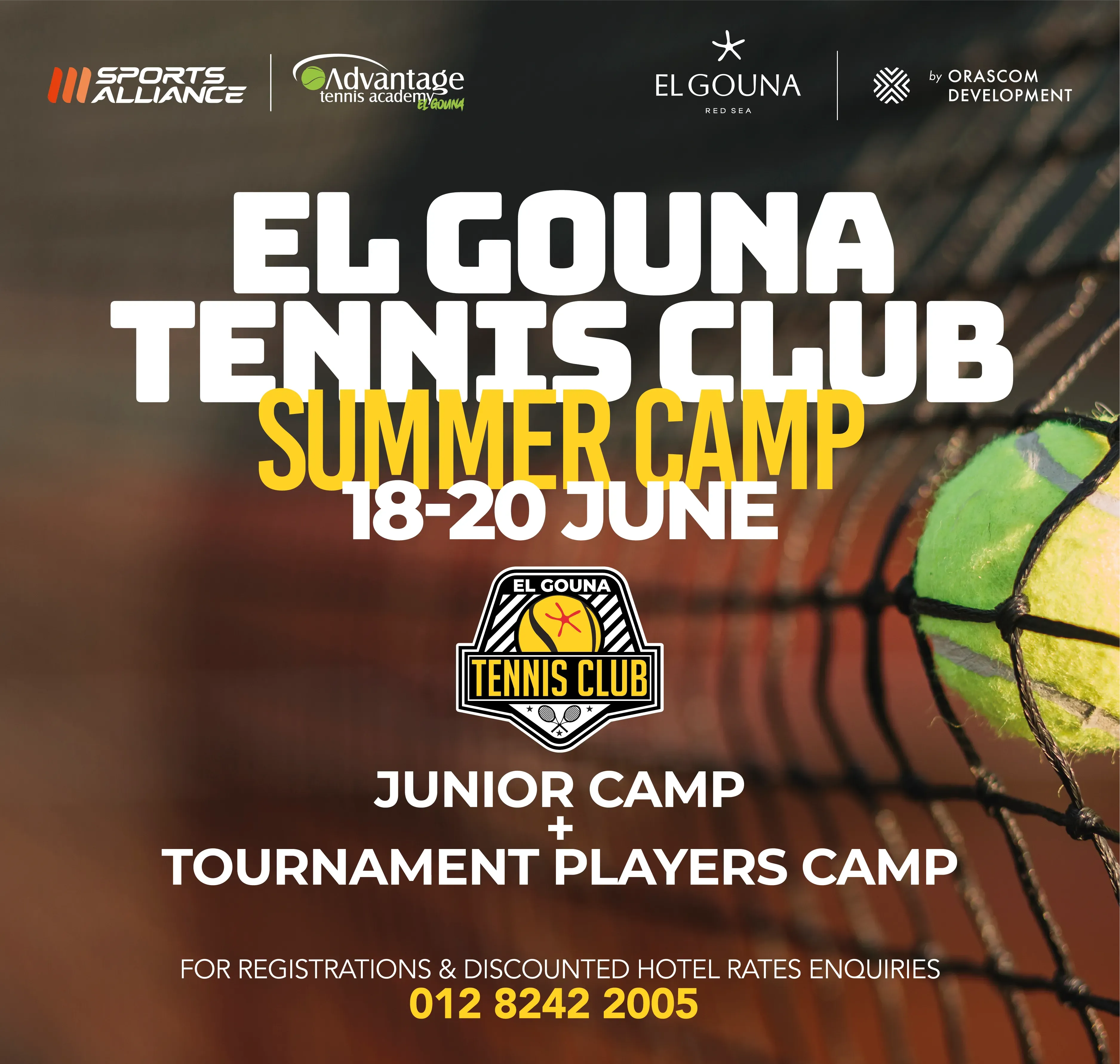 Poster for the El Gouna Tennis Club Summer Camp showing a tennis ball caught in a net against a blurred court background