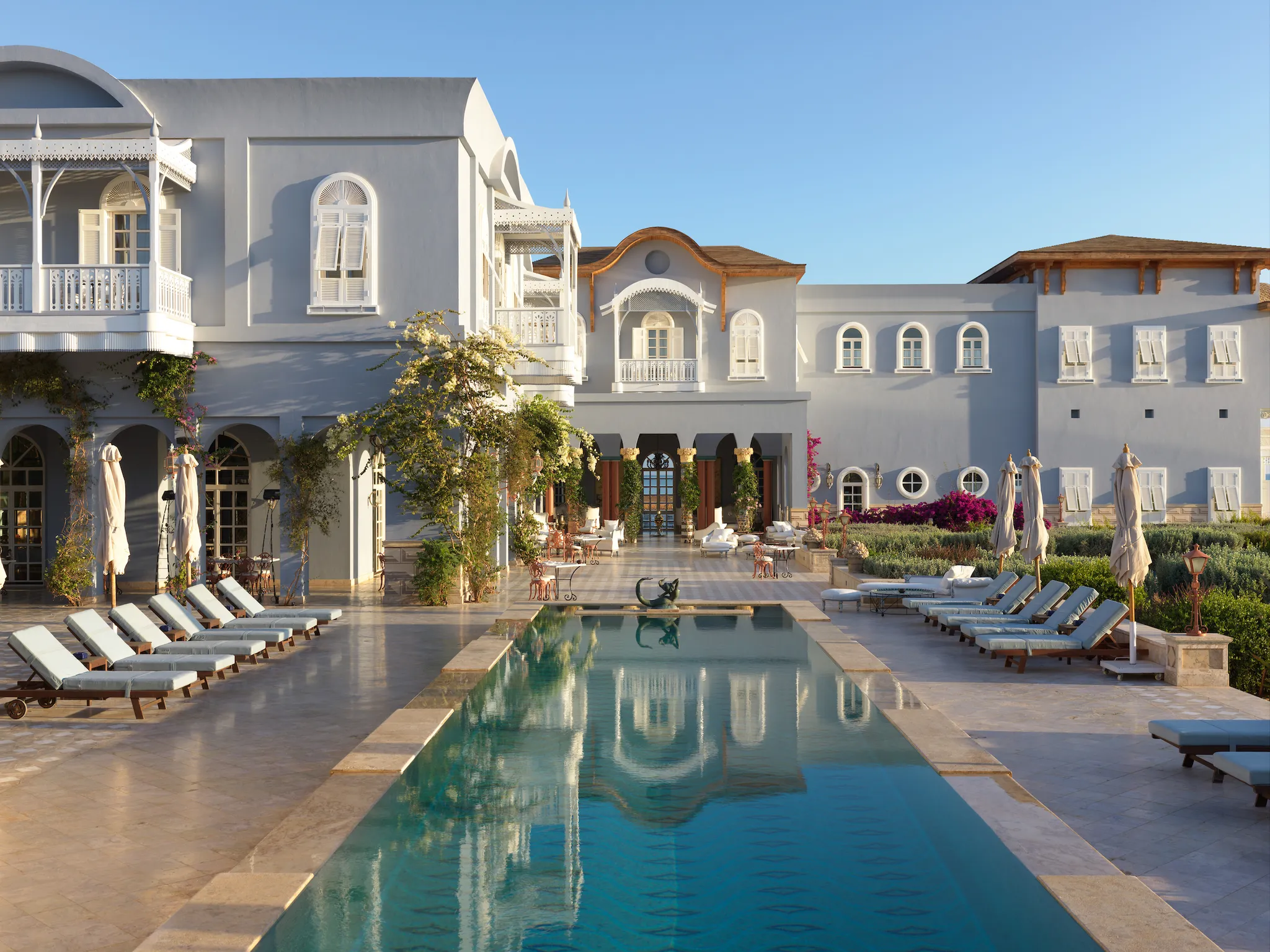 El Gouna resort pool between white Mediterranean villas