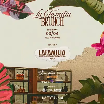 Poster for La Familia Brunch at Megumi, decorated with tropical leaf and flower illustrations around a bar shelf of spirits
