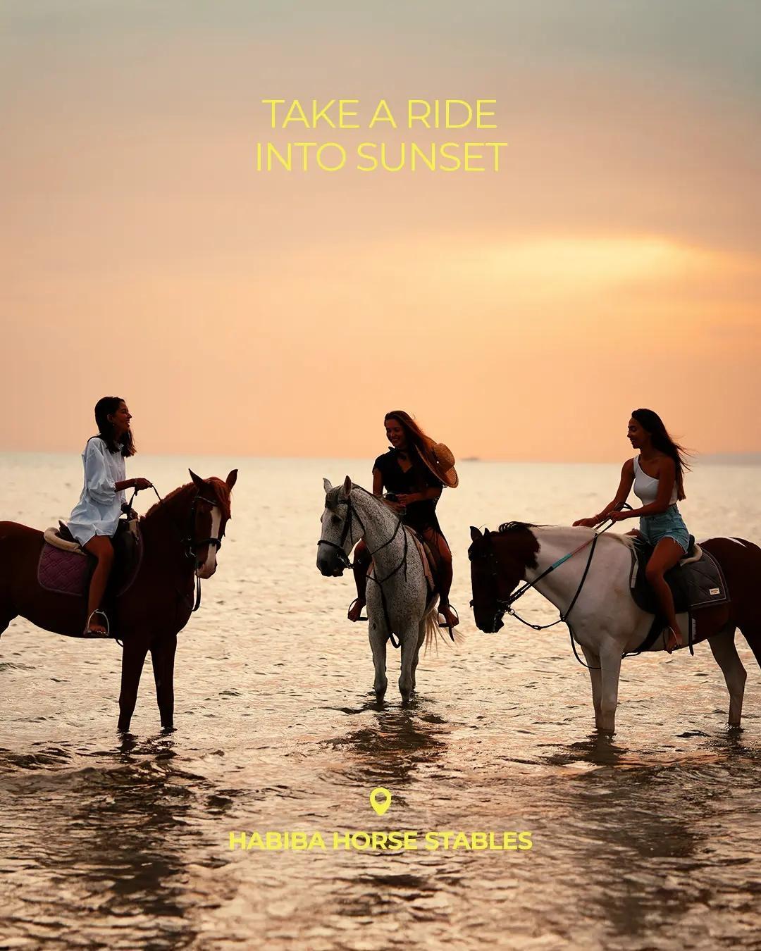 Women horseback riding by the sea at sunset with Habiba Horse Stables in El Gouna.