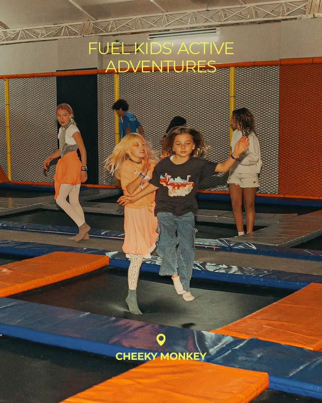 Kids jumping and playing on indoor trampolines at Cheeky Monkey in El Gouna.