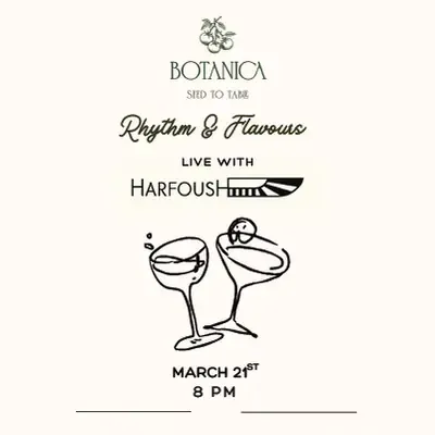 Minimalist event poster for 'Rhythm & Flavors' at Botanica, with line-drawn cocktail glasses and a live performance credit.