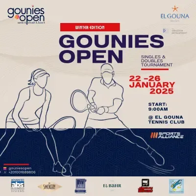Plakat zum Gounies Open Tennisturnier mit Strichzeichnungen einer Tennisspielerin und eines Tennisspielers