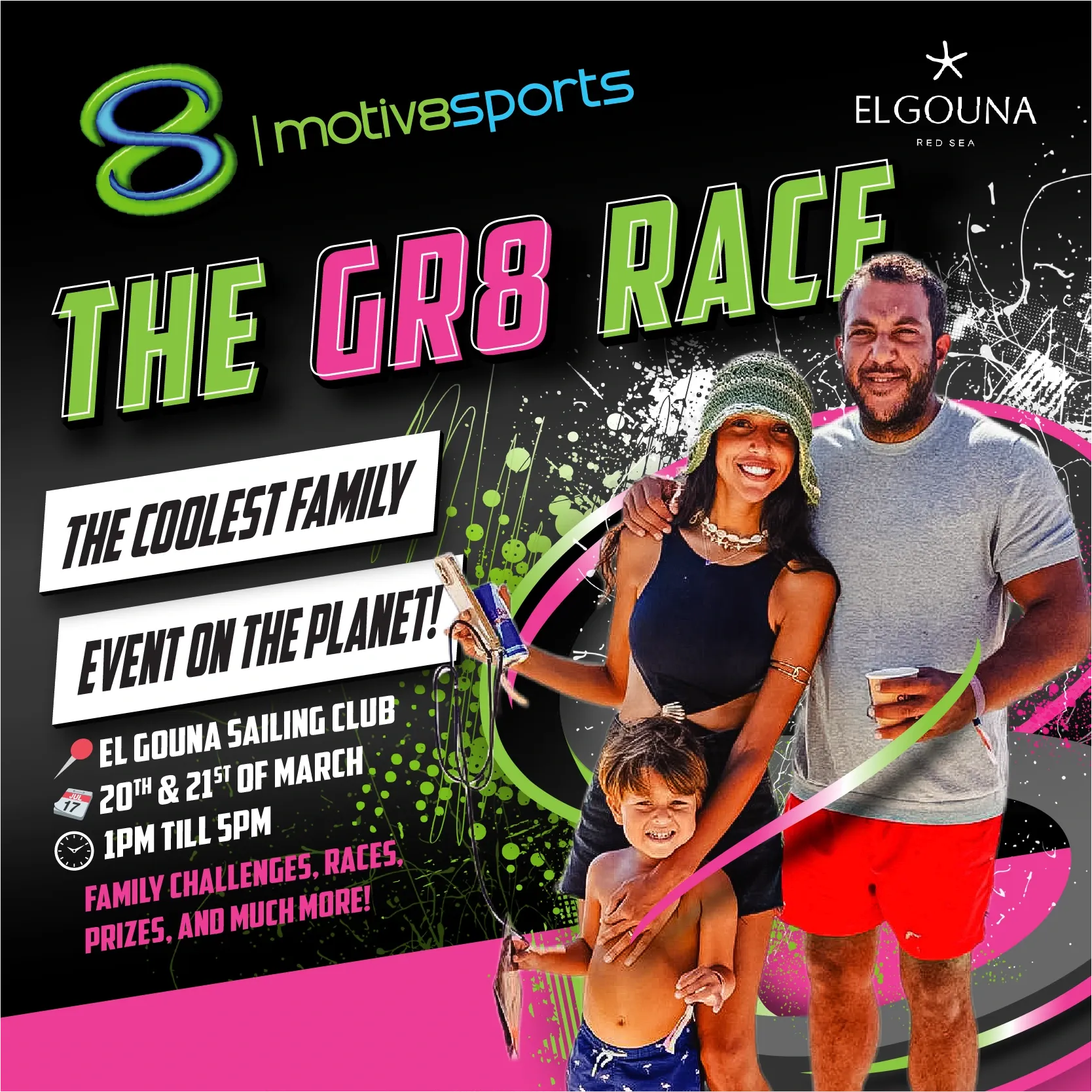 Poster for 'The GR8 Race' family sports event, showing a smiling family together with bold pink and green graphics.