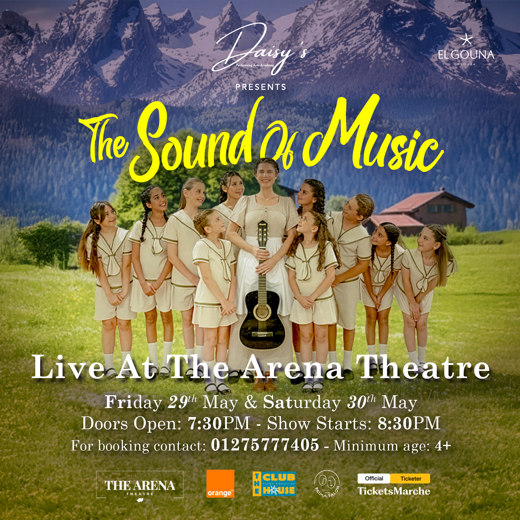 Affiche de spectacle pour une représentation théâtrale de The Sound of Music, avec les jeunes acteurs costumés devant un décor alpin